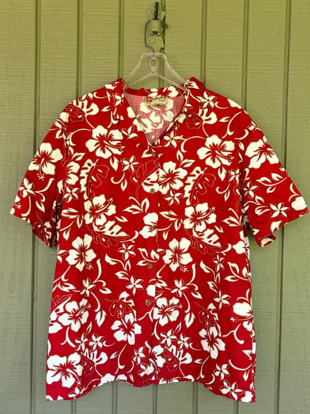 Hilo Hattie Red White Hibiscus Hawaiian Aloha Shirt Mens L 100% Cotton Style 211